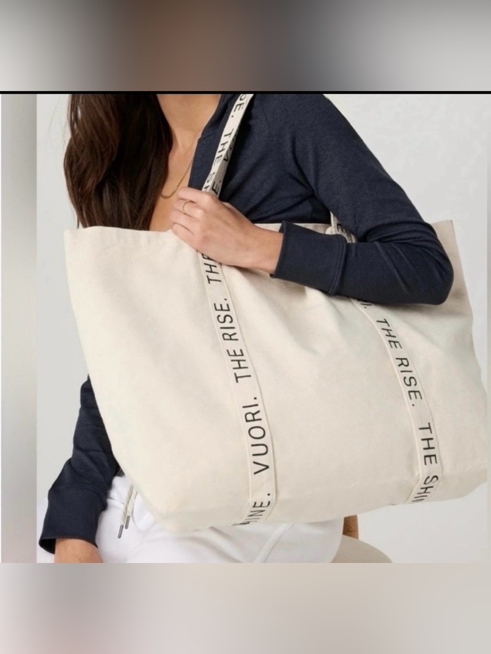Vuori The Rise The Shine Large Canvas Tote Bag Cream and Black